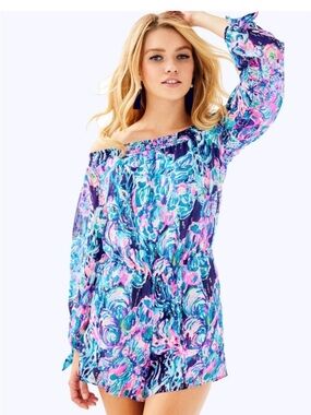 Off-Shoulder Chiffon silk lined foil embellished Romper Sz L